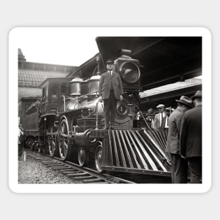 Steam Train at Station, 1923. Vintage Photo Sticker